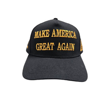Load image into Gallery viewer, Dark MAGA Trump USA Flag Never Surrender Baseball Cap Hat GOLD TEXT