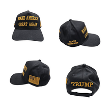 Load image into Gallery viewer, Dark MAGA Trump USA Flag Never Surrender Baseball Cap Hat GOLD TEXT