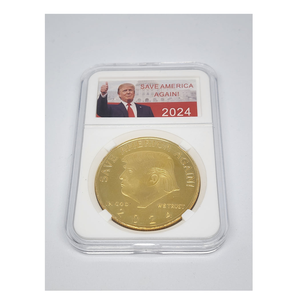 Encased Save America Again Trump 2024 In God We Trust Collectible Coin GOLD