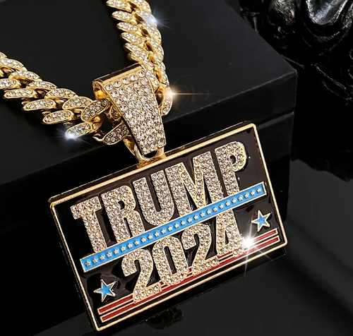 Trump 2024 Victory Gold Colored Ice Pendant Necklace Chain