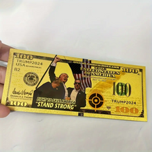 Load image into Gallery viewer, Gold Trump 2024 Fist Pump Rally USA Hundred Novelty Money Bill