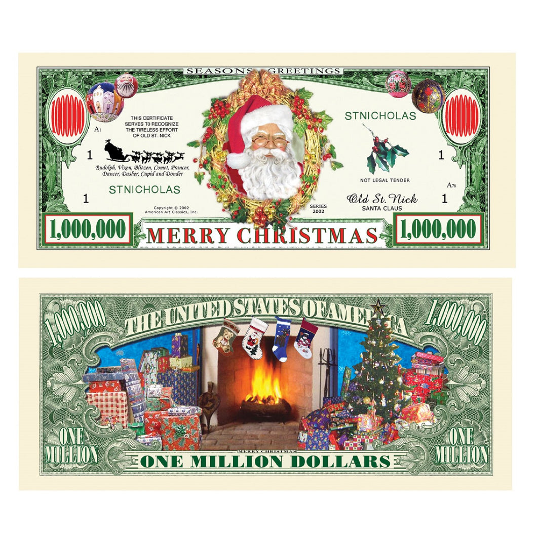 Colorful Santa Merry Christmas St Nick Million Dollar Bill with Currency Holder