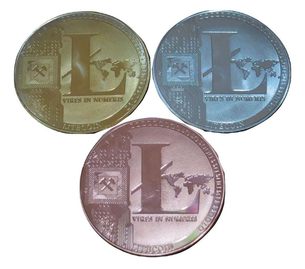 Set of Gold, Silver, and Copper Plated Color Litecoins LTC Physical Cryptocurrency Collectible Coins - Trump Mug