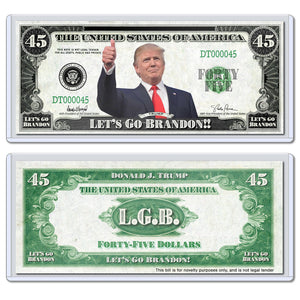 Donald Trump USA Let's Go Brandon LGB President MAGA 45 Dollar Novelty Bill with Currency Holder