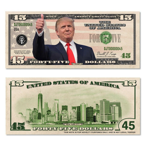 Donald Trump USA President MAGA 45 Dollar Novelty Bill with Currency Holder