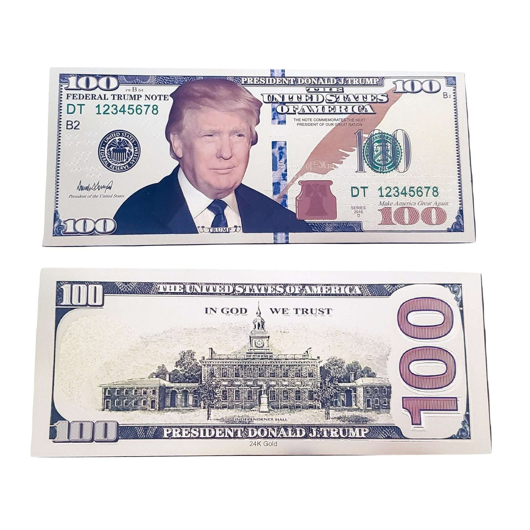 Pack of 25 Gold Foil Donald Trump Presidential $100 Dollar Bills with Currency Holder - Trump Mug