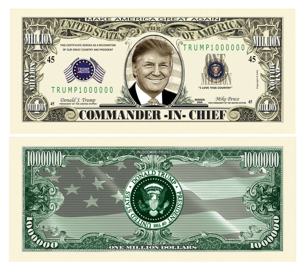 Donald Trump Commander-In-Chief MAGA Presidential Million Dollar Bill with Currency Holder - Trump Mug