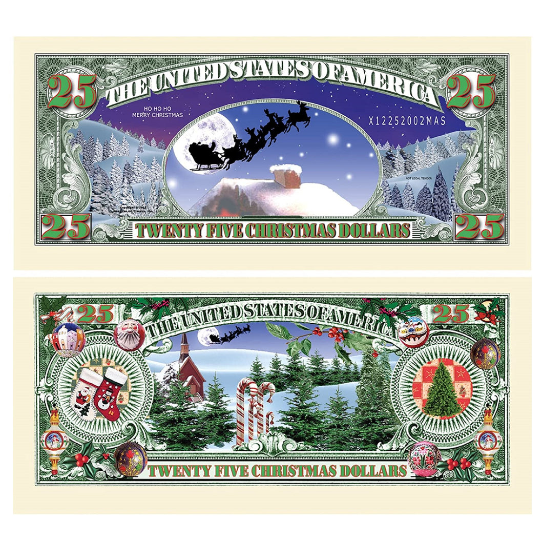 White Christmas December 25th Dollar Bill with Currency Holder